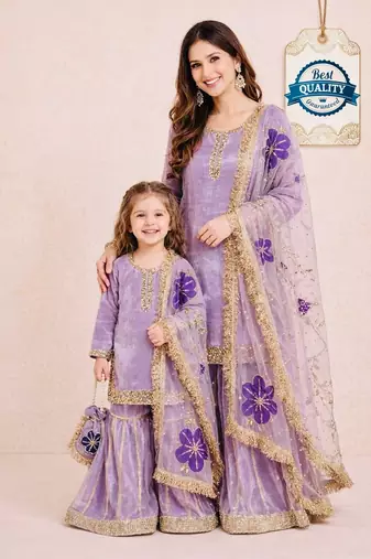 Designer party wear heavy silk mother daughter top sharara & dupatta set
