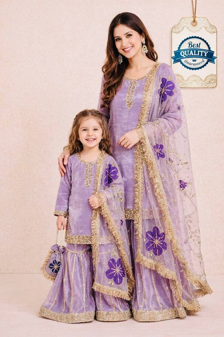 Designer party wear heavy silk mother daughter top sharara & dupatta set