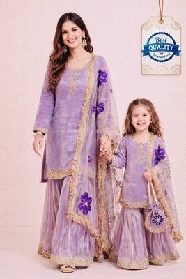 Designer party wear heavy silk mother daughter top sharara & dupatta set 2