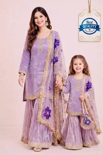 Designer party wear heavy silk mother daughter top sharara & dupatta set