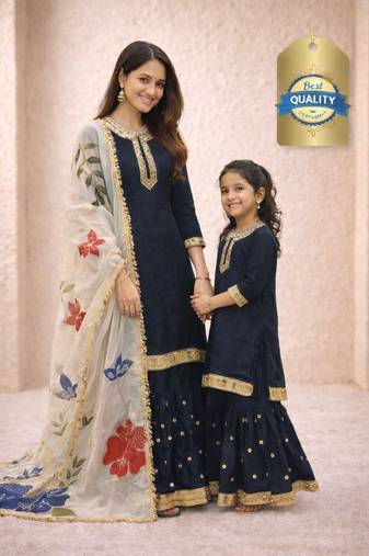 Designer party wear heavy silk mother daughter top sharara & dupatta set