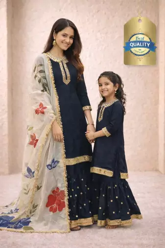 Designer party wear heavy silk mother daughter top sharara & dupatta set
