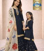 Designer party wear heavy silk mother daughter top sharara & dupatta set