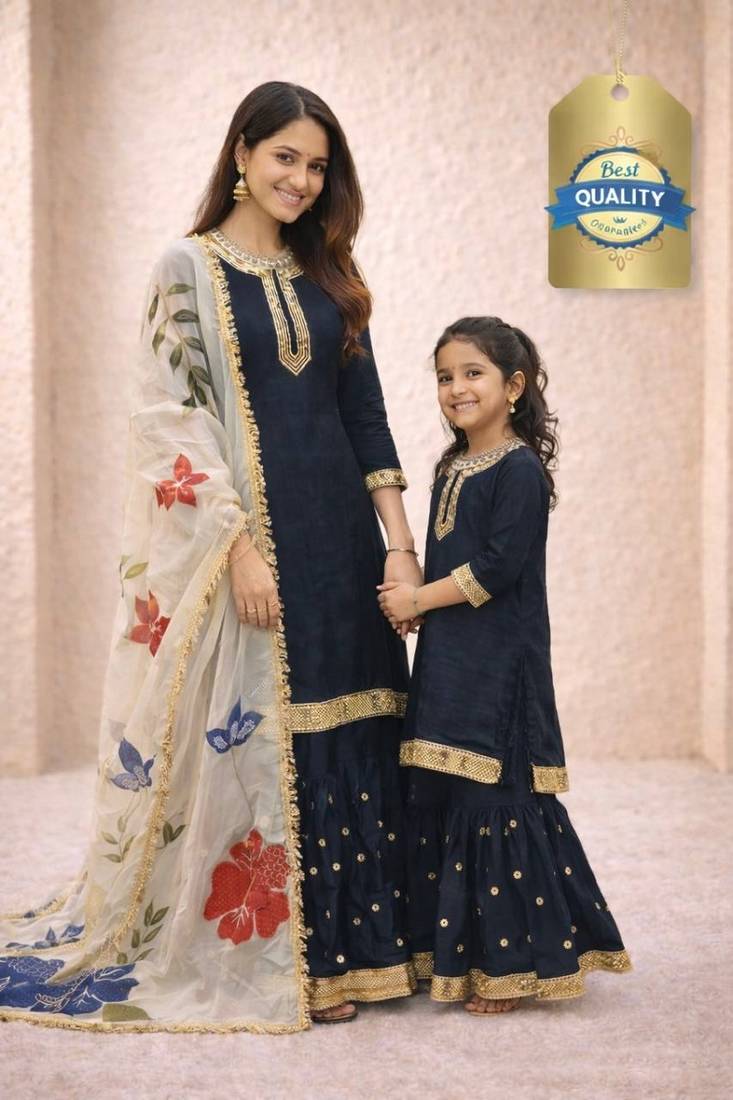 Designer party wear heavy silk mother daughter top sharara & dupatta set