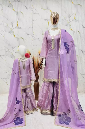 Designer party wear heavy silk mother daughter top sharara & dupatta set