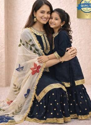 Designer party wear heavy silk mother daughter top sharara & dupatta set 2