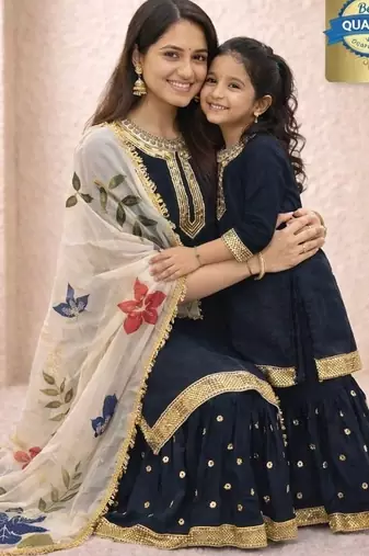 Designer party wear heavy silk mother daughter top sharara & dupatta set