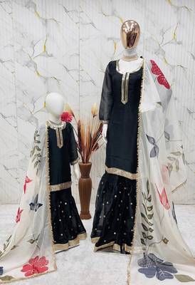 Designer party wear heavy silk mother daughter top sharara & dupatta set 3
