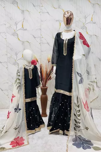 Designer party wear heavy silk mother daughter top sharara & dupatta set