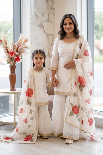 Designer party wear heavy silk mother daughter top sharara & dupatta set