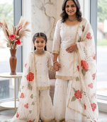 Designer party wear heavy silk mother daughter top sharara & dupatta set