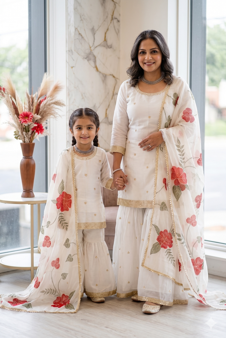 Designer party wear heavy silk mother daughter top sharara & dupatta set