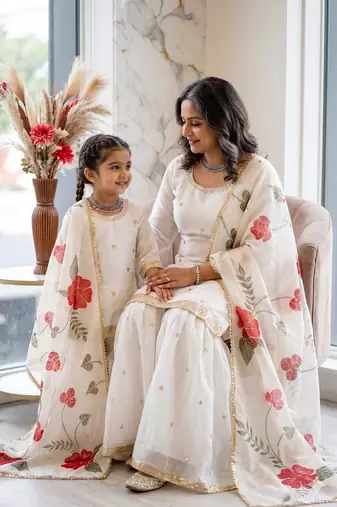 Designer party wear heavy silk mother daughter top sharara & dupatta set
