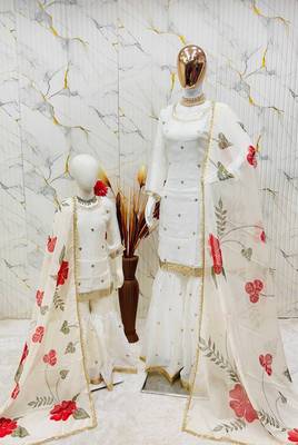 Designer party wear heavy silk mother daughter top sharara & dupatta set 3
