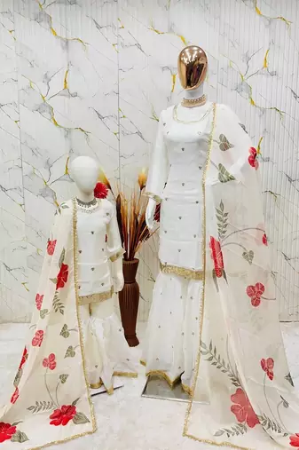 Designer party wear heavy silk mother daughter top sharara & dupatta set