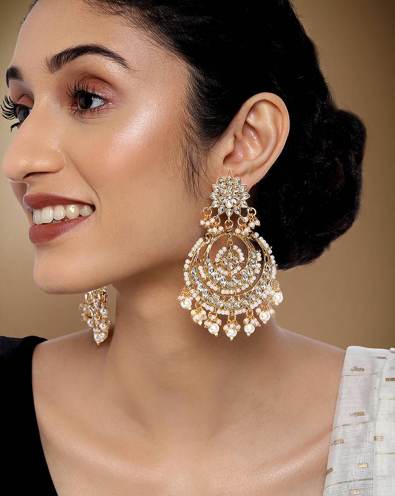 Aheli gold plated indian ethnic bridal kundan pearl chandbali earrings for women girls fancy fashion