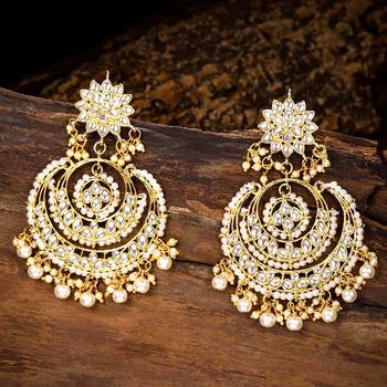 Aheli gold plated indian ethnic bridal kundan pearl chandbali earrings for women girls fancy fashion 2