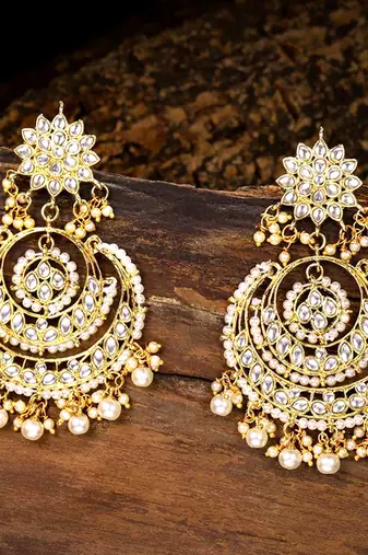 Aheli gold plated indian ethnic bridal kundan pearl chandbali earrings for women girls fancy fashion