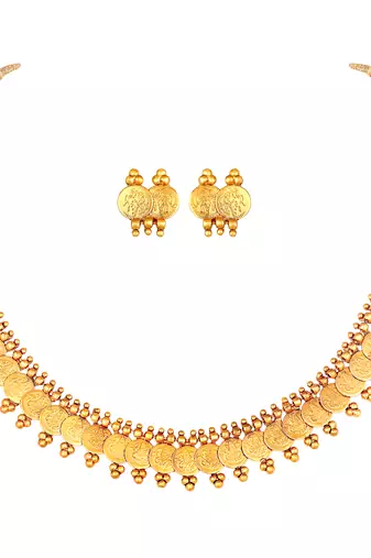 Aheli south indian traditional bridal short maharani coin necklace earrings jewellery sets