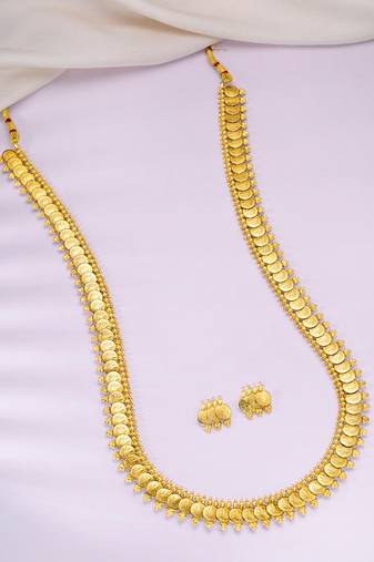 Aheli south indian traditional bridal long maharani coin necklace earrings jewellery set