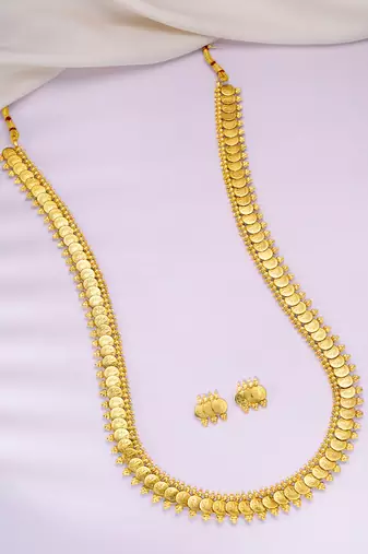 Aheli south indian traditional bridal long maharani coin necklace earrings jewellery set