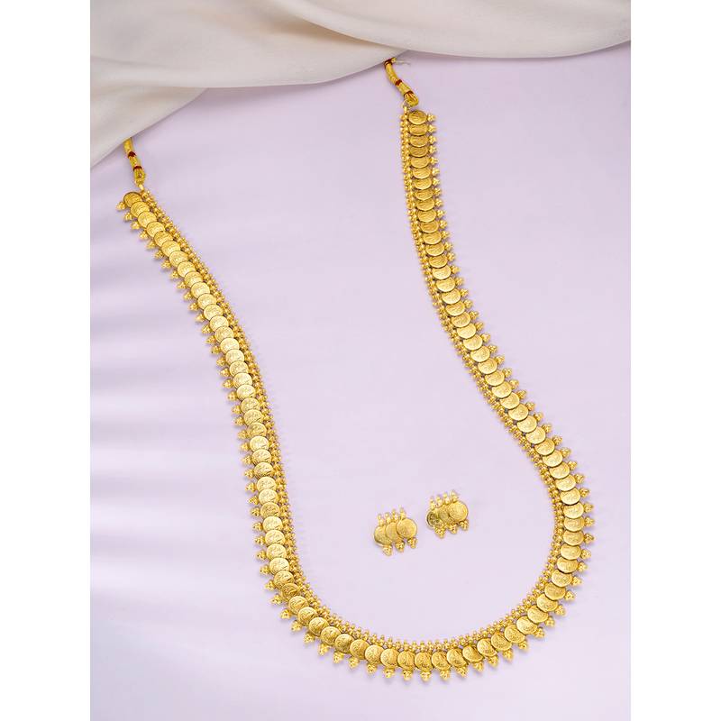 Aheli south indian traditional bridal long maharani coin necklace earrings jewellery set