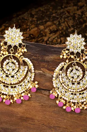 Aheli gold plated indian ethnic bridal kundan pearl chandbali earrings for women girls fancy