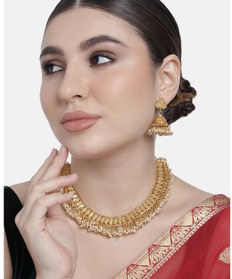 Aheli traditional pearl studded festive bridal short necklace choker with jhumki earrings jewellery sets 1
