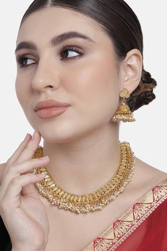 Aheli traditional pearl studded festive bridal short necklace choker with jhumki earrings jewellery sets