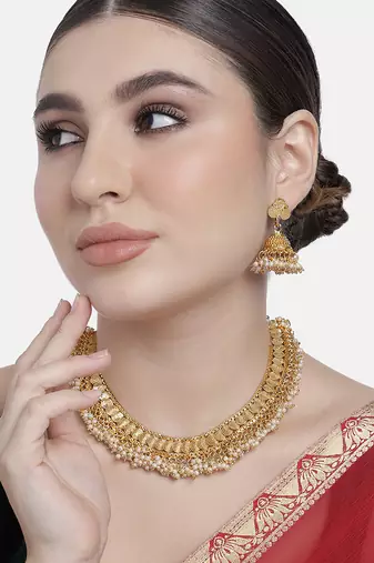 Aheli traditional pearl studded festive bridal short necklace choker with jhumki earrings jewellery sets