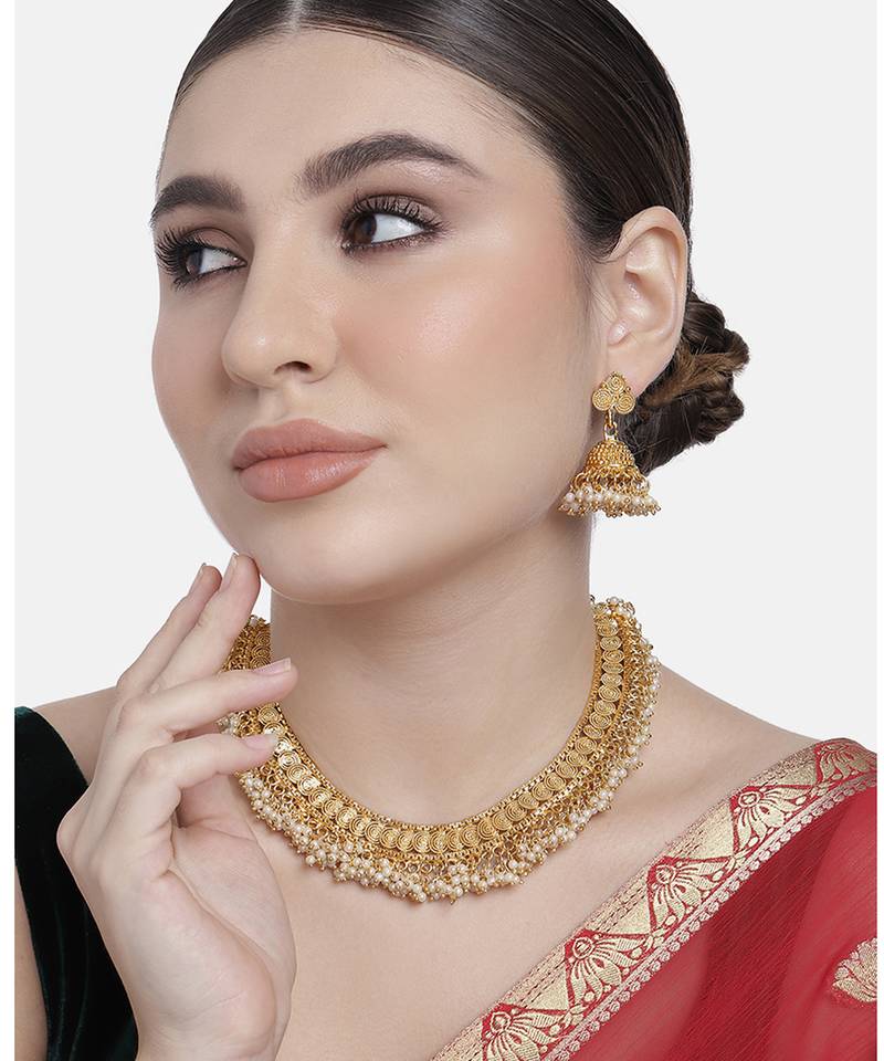 Aheli traditional pearl studded festive bridal short necklace choker with jhumki earrings jewellery sets