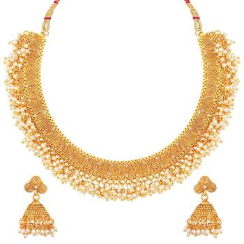 Aheli traditional pearl studded festive bridal short necklace choker with jhumki earrings jewellery sets 2