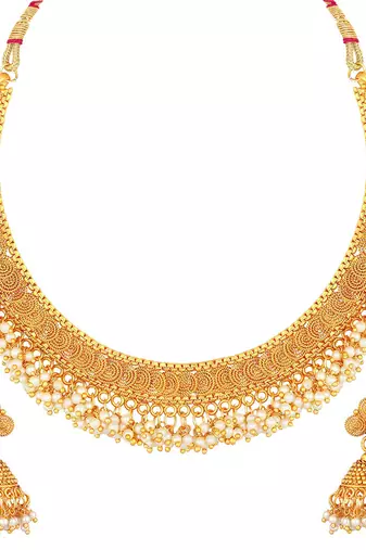 Aheli traditional pearl studded festive bridal short necklace choker with jhumki earrings jewellery sets