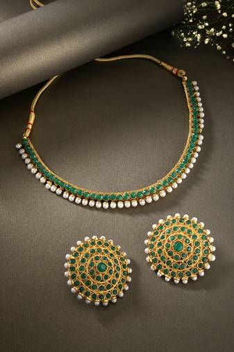 Aheli green choker necklace earring bridal jewellery set