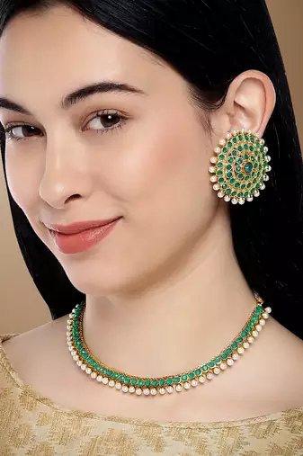 Aheli green choker necklace earring bridal jewellery set