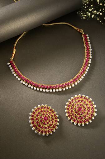 Aheli rani pink choker necklace & stud earring bridal jewellery set