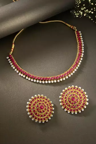 Aheli rani pink choker necklace & stud earring bridal jewellery set