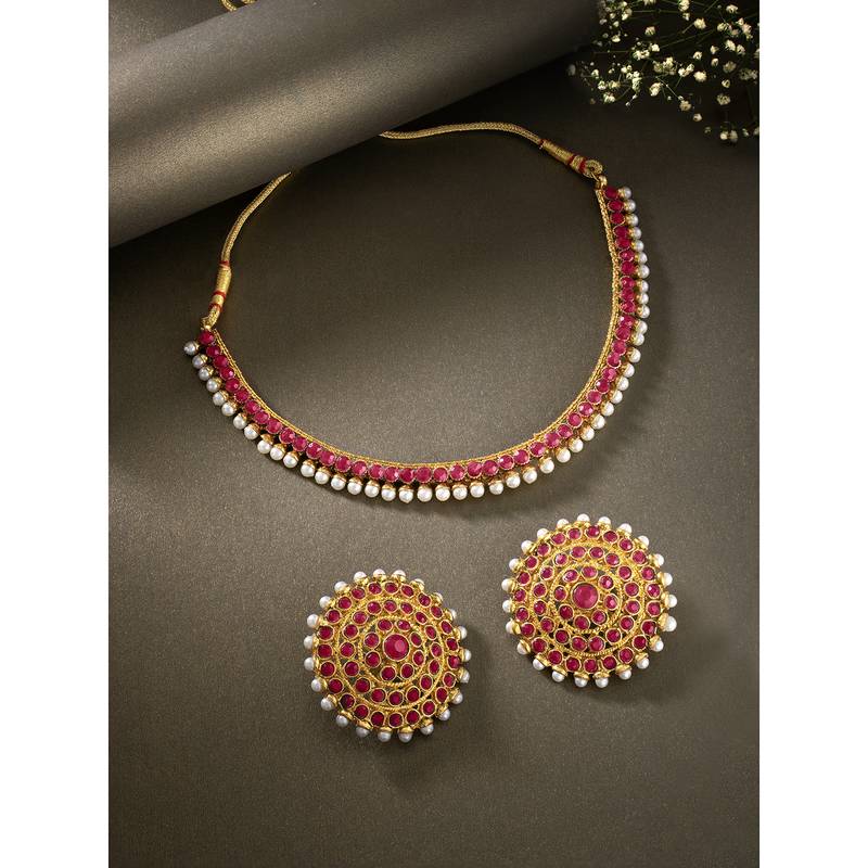 Aheli rani pink choker necklace & stud earring bridal jewellery set