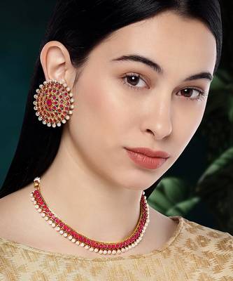 Aheli rani pink choker necklace & stud earring bridal jewellery set 2