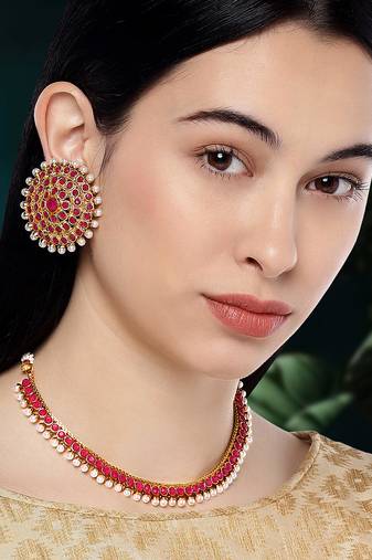 Aheli rani pink choker necklace & stud earring bridal jewellery set