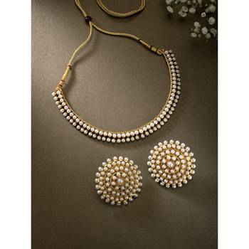 Aheli white choker necklace & big round stud earrings jewellery set 1
