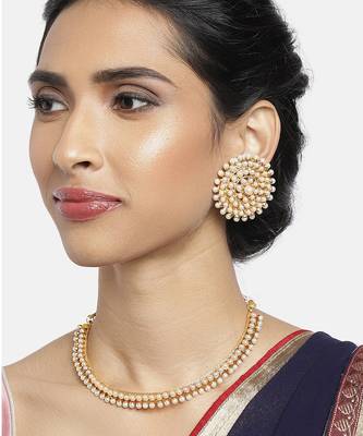 Aheli white choker necklace & big round stud earrings jewellery set 2
