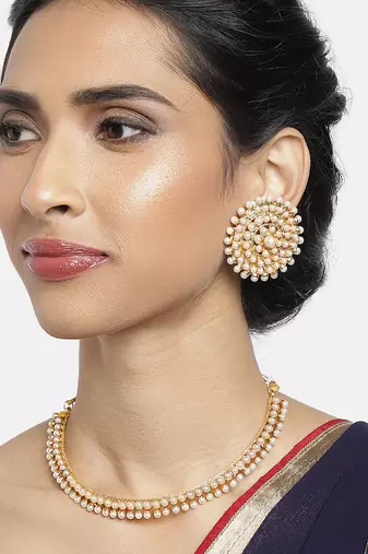Aheli white choker necklace & big round stud earrings jewellery set
