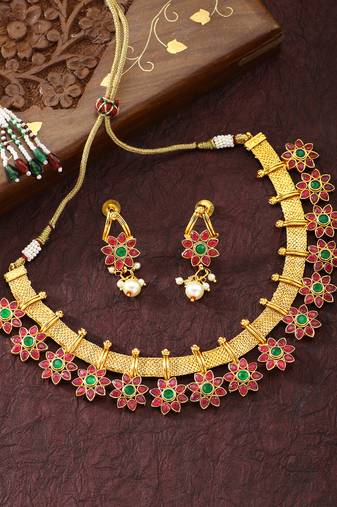 Aheli traditional flower shape kundan fashion necklace earring set