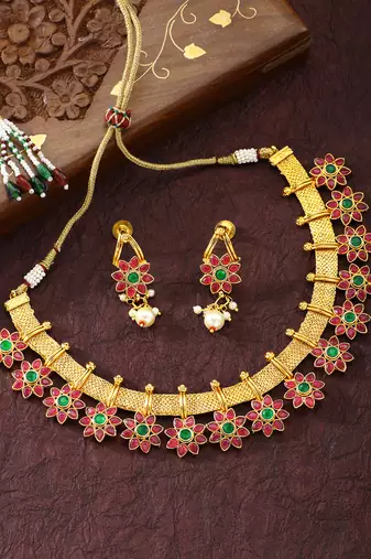 Aheli traditional flower shape kundan fashion necklace earring set
