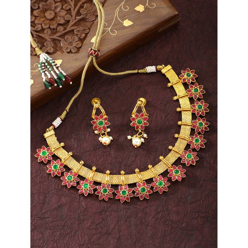 Aheli traditional flower shape kundan fashion necklace earring set
