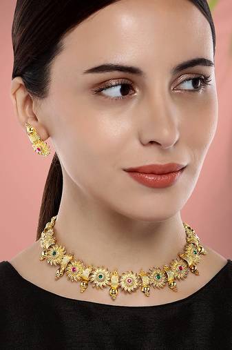 Aheli green & pink studded round necklace choker with earrings traditional jewellery sets