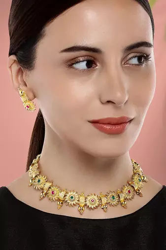 Aheli green & pink studded round necklace choker with earrings traditional jewellery sets