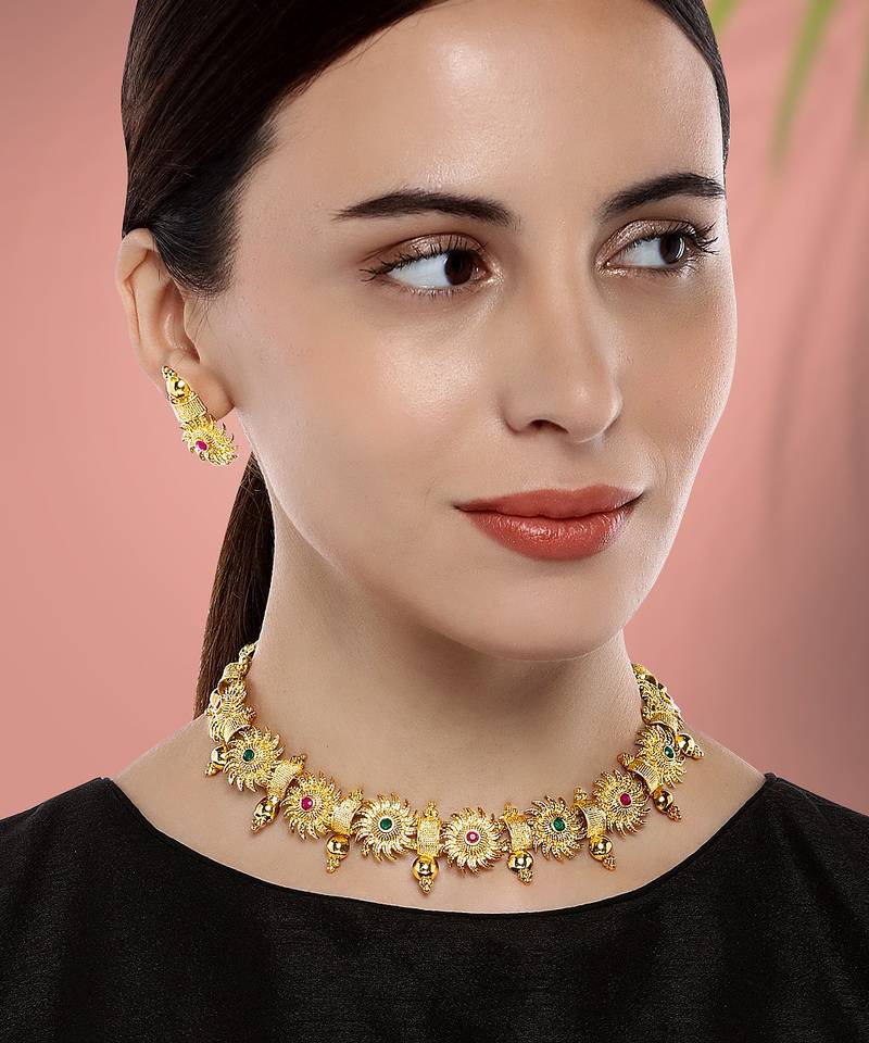Aheli green & pink studded round necklace choker with earrings traditional jewellery sets