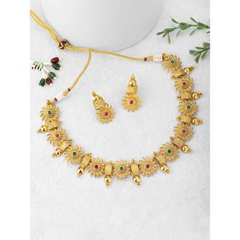 Aheli green & pink studded round necklace choker with earrings traditional jewellery sets 2